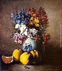 A Still Life with a Vase of Flowers and Fruit by Germain Theodure Clement Ribot